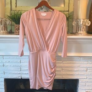 Lovers + Friends Pink Plunging Neckline Wrap Ruched 3/4 Sleeve Mini Dress XS